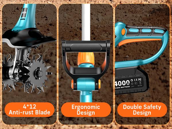 SEESII 20V Electric Tiller for Gardening 360 RPM Rototiller Cordless Cultivator 8000mAh Battery 4 Blades Handheld Tiller for Raised Beds Outdoorfun