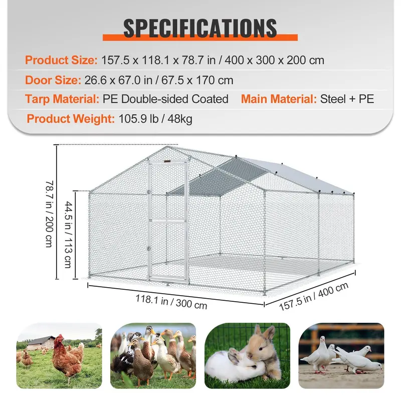 VEVOR Large Metal Chicken Coop, 9.8x12.9x6.6 ft Walk in Chicken Run for Yard with Waterproof Cover, Doom Roof Hen House with Security Lock for Outdoor and Backyard, Farm, Duck Rabbit Cage Poultry Pen