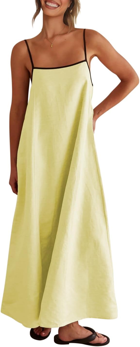 Shy Velvet Women's 2026 Summer Linen Maxi Dress Contrast Spaghetti Strap Dress Backless Casual Party Beach Dresses