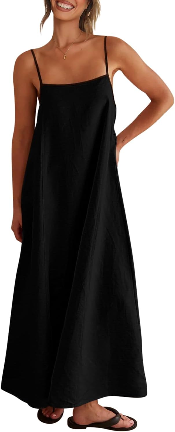 Shy Velvet Women's 2026 Summer Linen Maxi Dress Contrast Spaghetti Strap Dress Backless Casual Party Beach Dresses