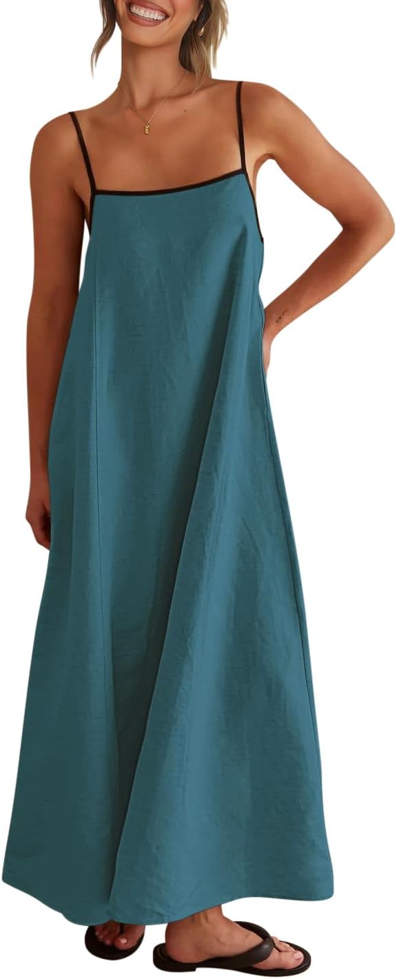 Shy Velvet Women's 2026 Summer Linen Maxi Dress Contrast Spaghetti Strap Dress Backless Casual Party Beach Dresses
