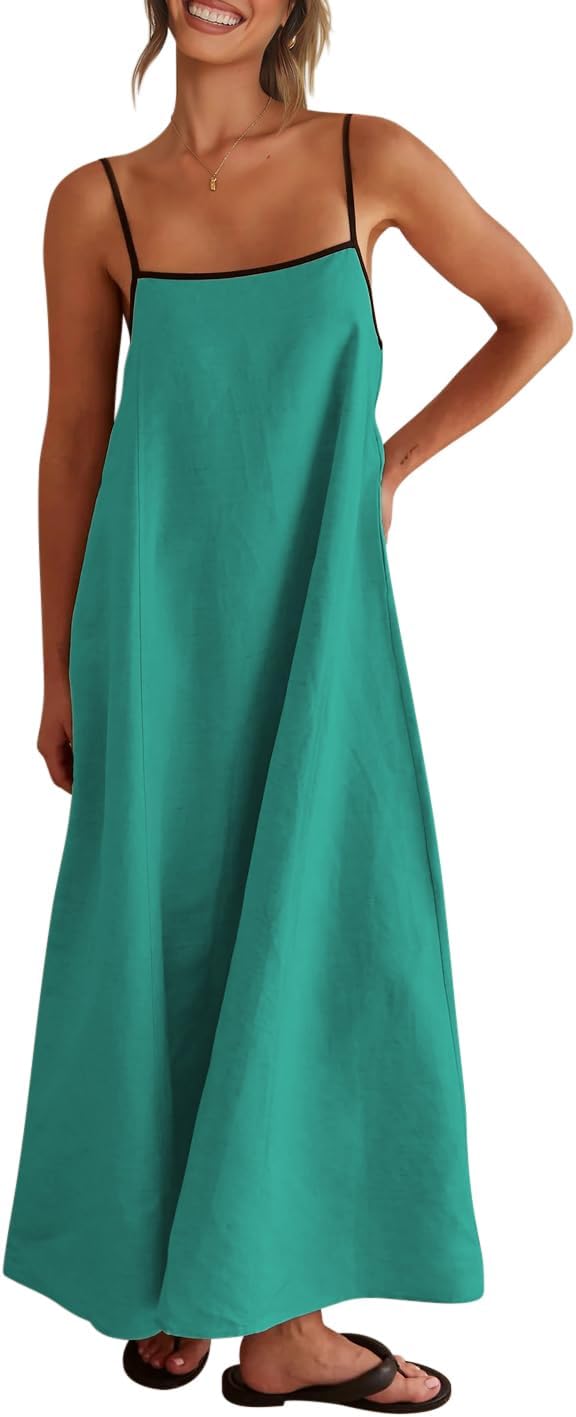 Shy Velvet Women's 2026 Summer Linen Maxi Dress Contrast Spaghetti Strap Dress Backless Casual Party Beach Dresses