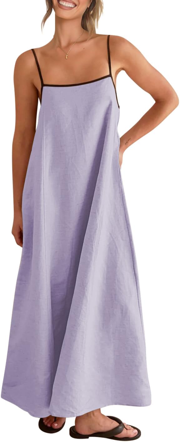 Shy Velvet Women's 2026 Summer Linen Maxi Dress Contrast Spaghetti Strap Dress Backless Casual Party Beach Dresses
