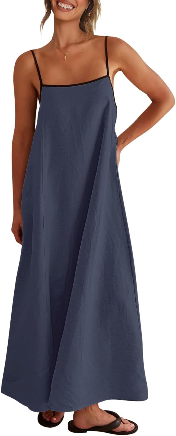 Shy Velvet Women's 2026 Summer Linen Maxi Dress Contrast Spaghetti Strap Dress Backless Casual Party Beach Dresses