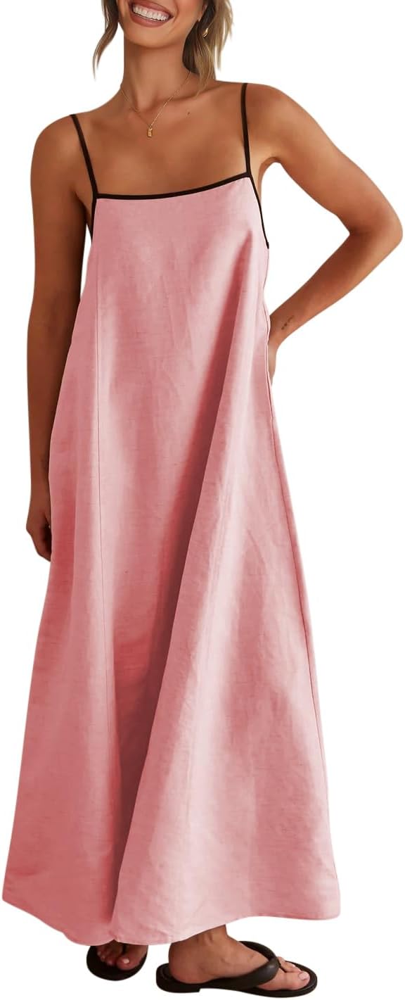 Shy Velvet Women's 2026 Summer Linen Maxi Dress Contrast Spaghetti Strap Dress Backless Casual Party Beach Dresses