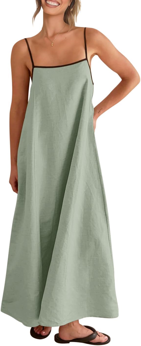 Shy Velvet Women's 2026 Summer Linen Maxi Dress Contrast Spaghetti Strap Dress Backless Casual Party Beach Dresses
