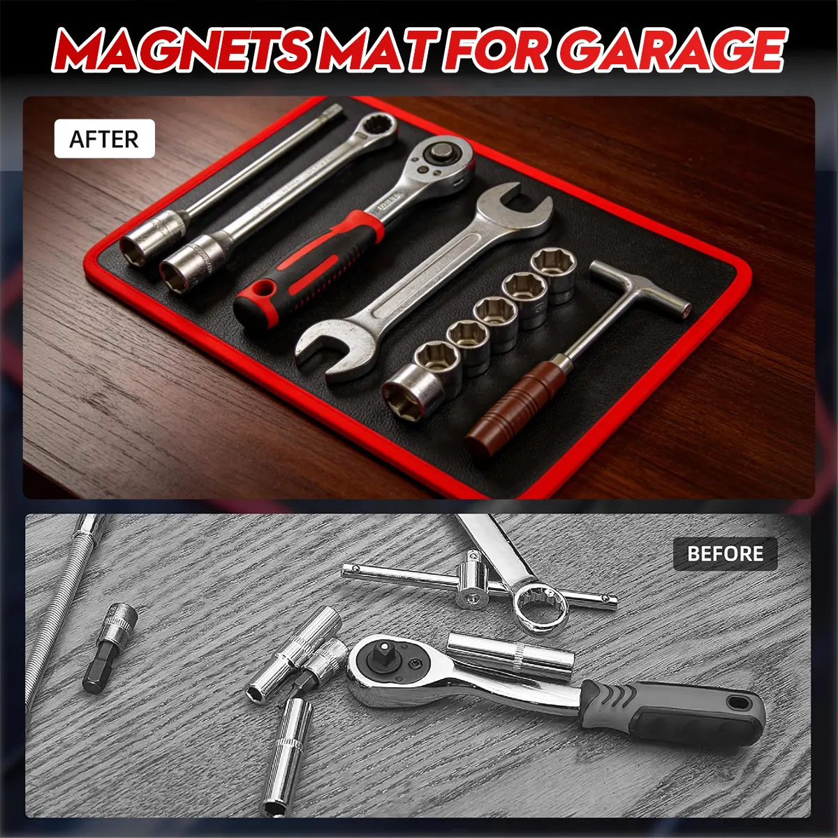 SEESE 3PC Flexible Magnetic Tool Mat & Tray Holder - Magnetic Tool Tray, Flexible Magnetic Mat, PVC & Non-Slip for Garage Workshop, Auto Repair Tools