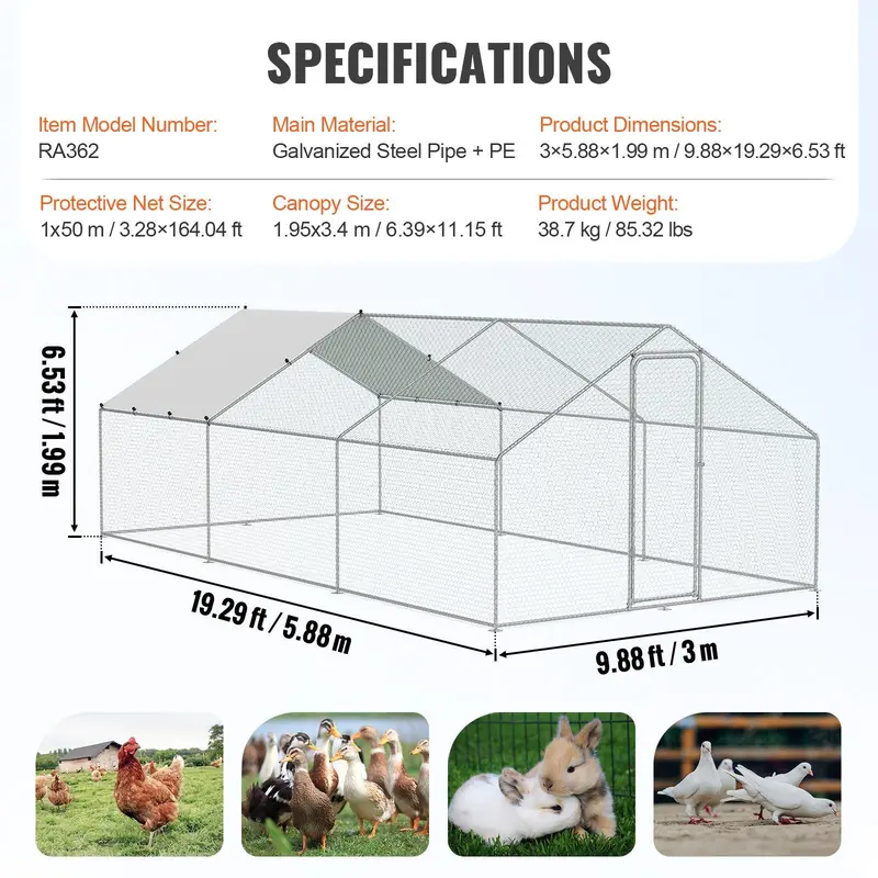 VEVOR Large Metal Chicken Coop, 9.8x12.9x6.6 ft Walk in Chicken Run for Yard with Waterproof Cover, Doom Roof Hen House with Security Lock for Outdoor and Backyard, Farm, Duck Rabbit Cage Poultry Pen