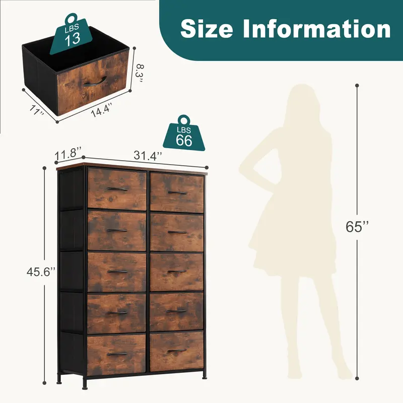 10-Drawer Fabric Storage Tower – Bedroom Organizer with Fabric Bins