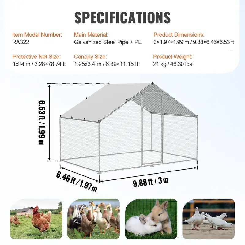 VEVOR Large Metal Chicken Coop, 9.8x12.9x6.6 ft Walk in Chicken Run for Yard with Waterproof Cover, Doom Roof Hen House with Security Lock for Outdoor and Backyard, Farm, Duck Rabbit Cage Poultry Pen