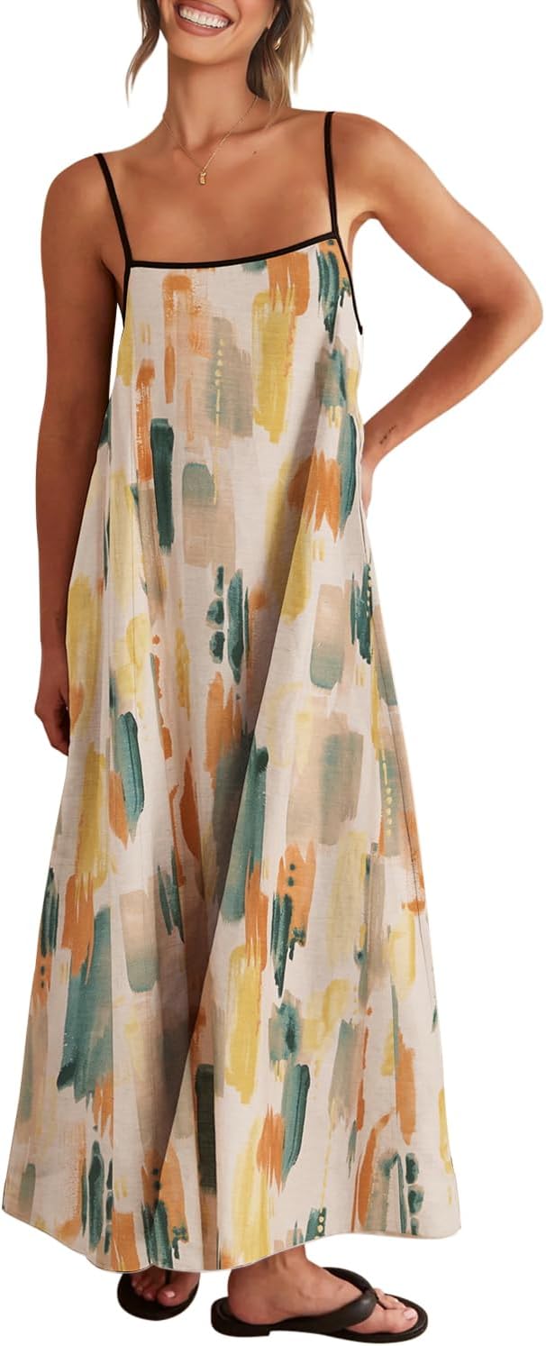 Shy Velvet Women's 2026 Summer Linen Maxi Dress Contrast Spaghetti Strap Dress Backless Casual Party Beach Dresses