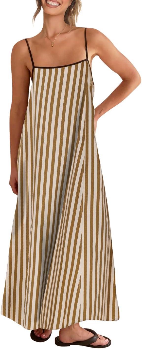 Shy Velvet Women's 2026 Summer Linen Maxi Dress Contrast Spaghetti Strap Dress Backless Casual Party Beach Dresses
