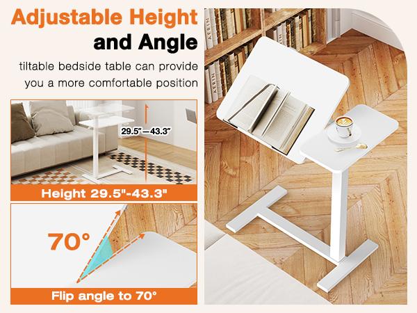 Overbed Bedside Table Adjustable with Wheels, Mobile Standing Stand Up Rolling Laptop PC Desks with Tilting Top Height Tray Side Computer Workstation