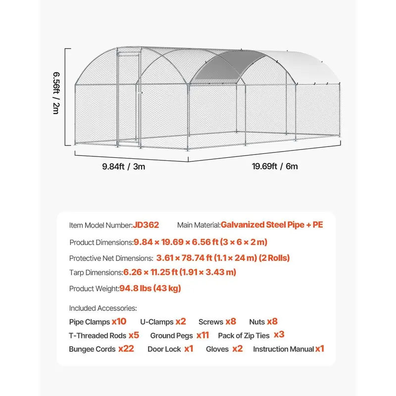 VEVOR Large Metal Chicken Coop, 9.8x12.9x6.6 ft Walk in Chicken Run for Yard with Waterproof Cover, Doom Roof Hen House with Security Lock for Outdoor and Backyard, Farm, Duck Rabbit Cage Poultry Pen