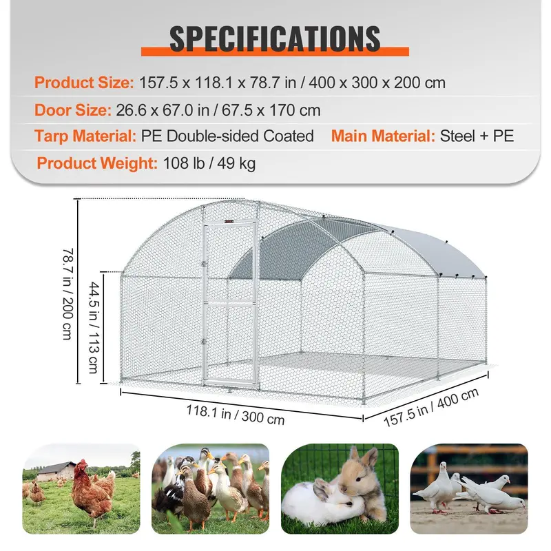 VEVOR Large Metal Chicken Coop, 9.8x12.9x6.6 ft Walk in Chicken Run for Yard with Waterproof Cover, Doom Roof Hen House with Security Lock for Outdoor and Backyard, Farm, Duck Rabbit Cage Poultry Pen