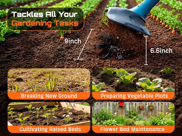 SEESII 20V Electric Tiller for Gardening 360 RPM Rototiller Cordless Cultivator 8000mAh Battery 4 Blades Handheld Tiller for Raised Beds Outdoorfun