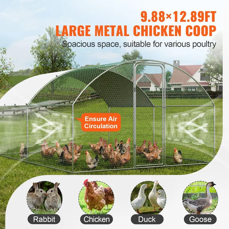 VEVOR Large Metal Chicken Coop, 9.8x12.9x6.6 ft Walk in Chicken Run for Yard with Waterproof Cover, Doom Roof Hen House with Security Lock for Outdoor and Backyard, Farm, Duck Rabbit Cage Poultry Pen