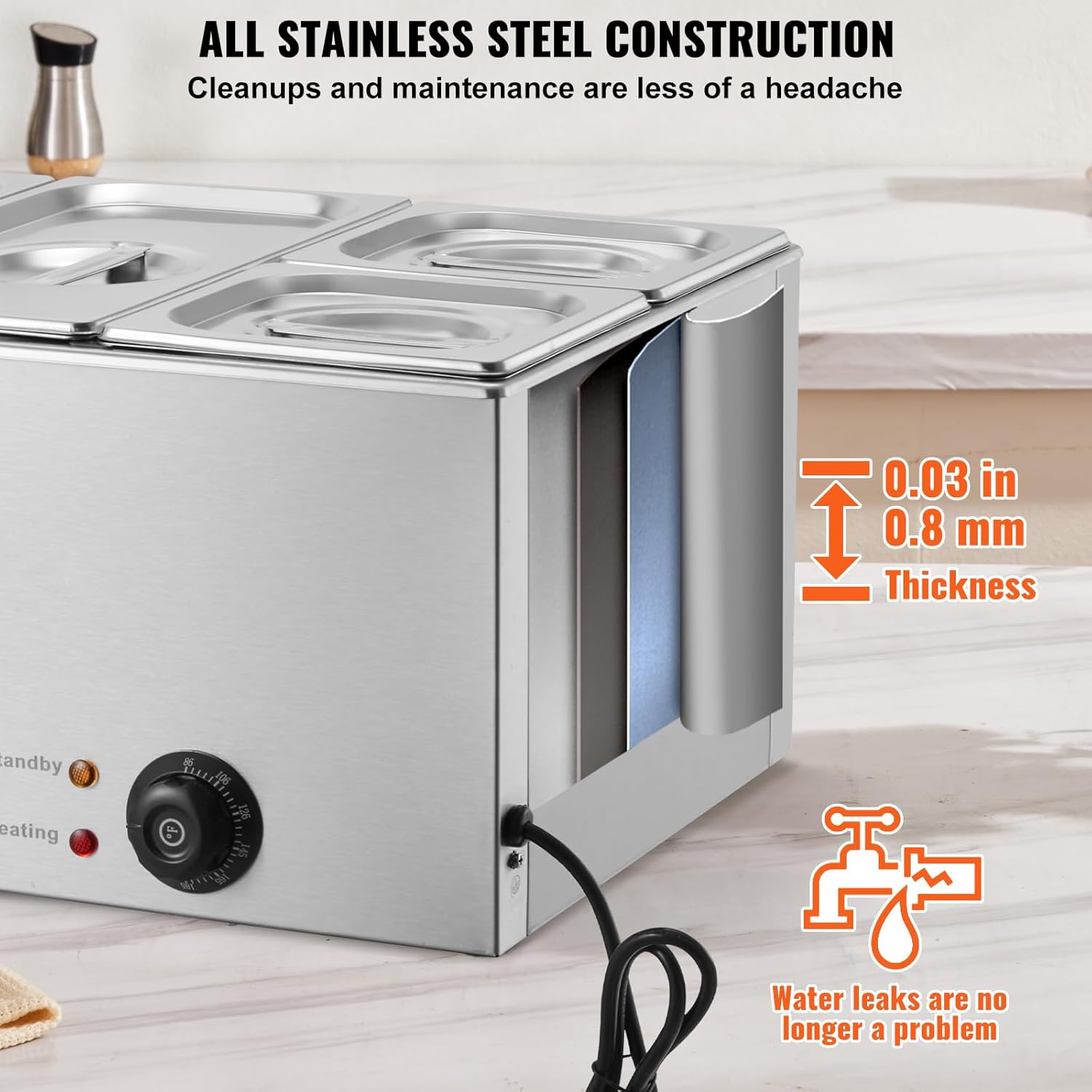 Stainless Steel Countertop Buffet Warmer, Temperature Control 86-185°F