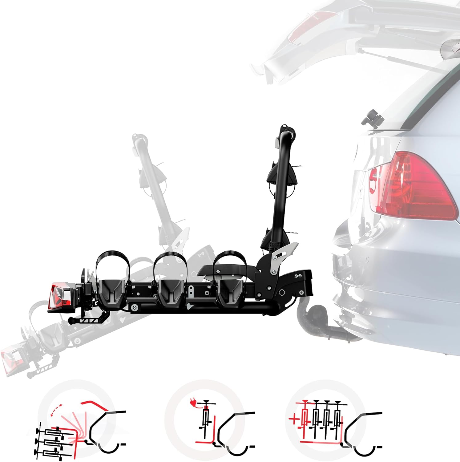 Forza L 022801 Rear Bicycle Carrier with Rear Lights Foldable for 3 Bicycles or Heavy Electric Bikes Black