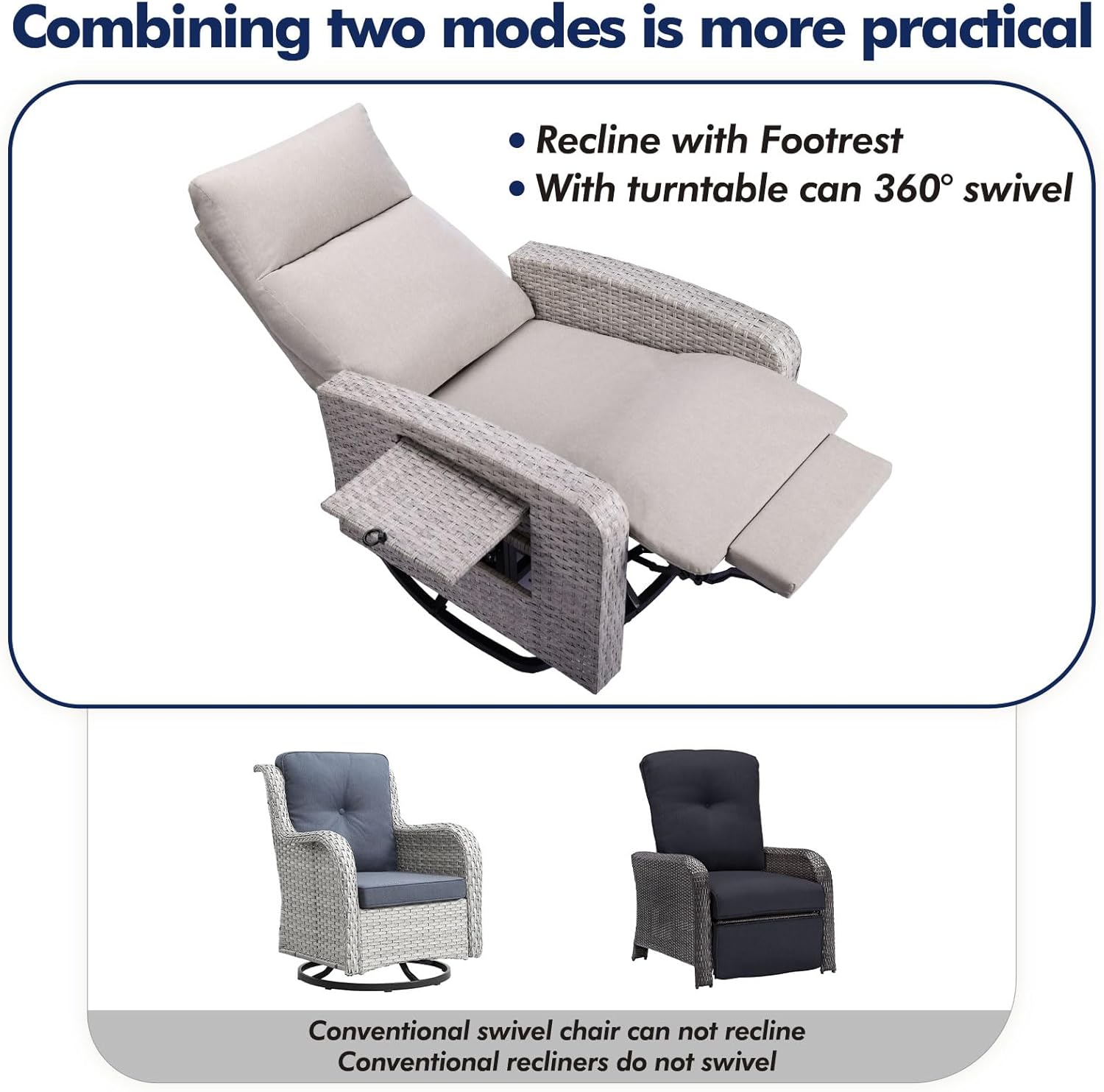 Wicker Patio Recliners with Adjustable Backrest and Extended Foot Rest