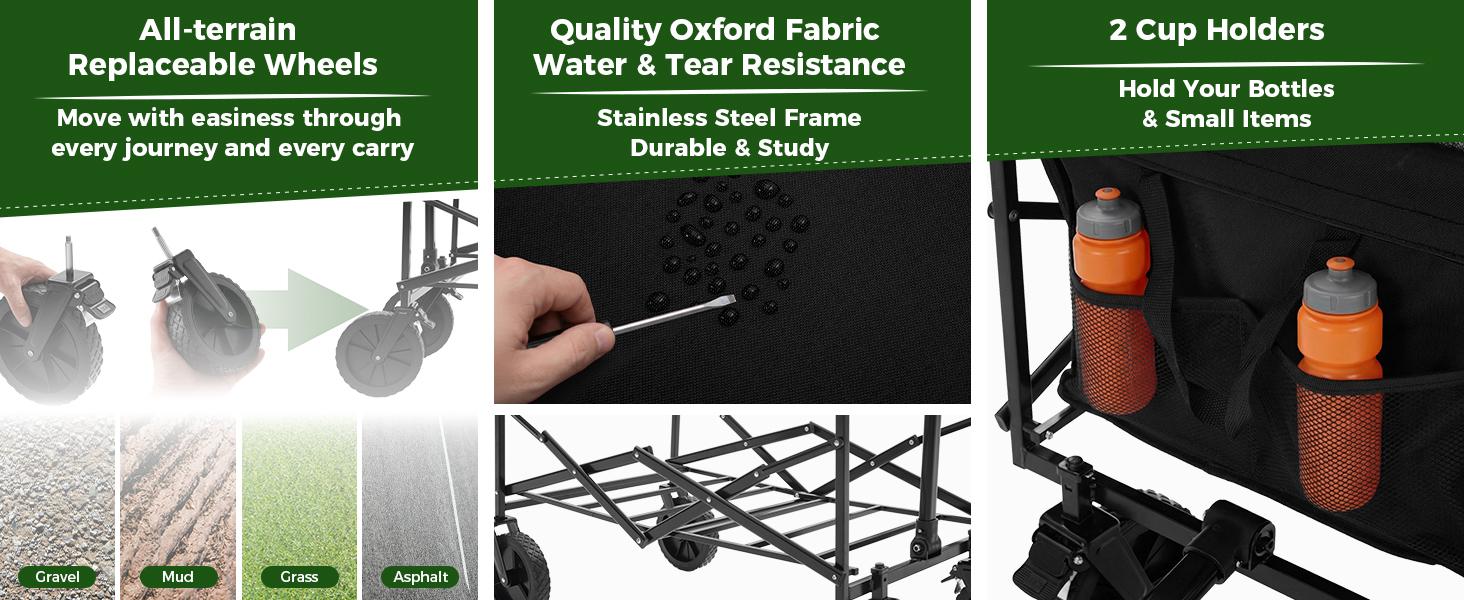 Collapsible Wagon Cart Foldable with Wheels, 102L Large Capacity 330 lbs Utility Carts Heavy Duty with Flexible Handle for Sports, Grocery, Garden & Camping