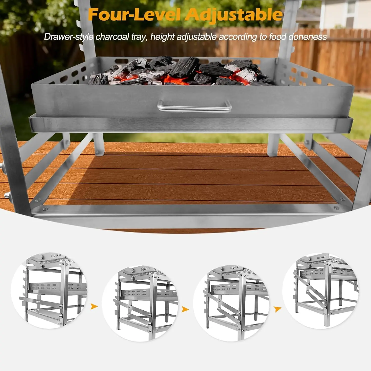 AresCart™ Adjustable Charcoal Grill – durable stainless steel BBQ for outdoor cooking.