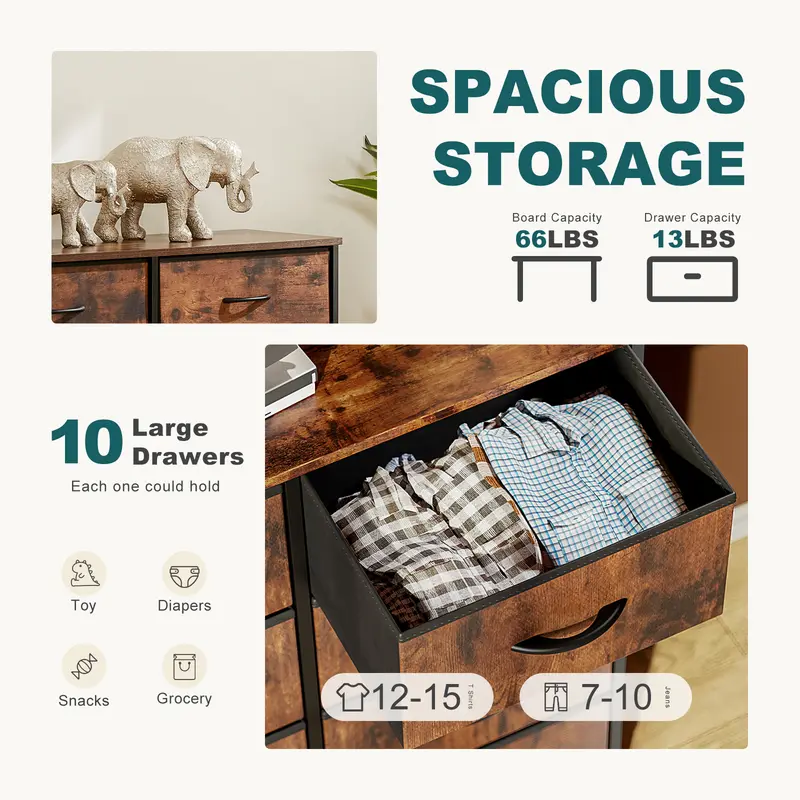 10-Drawer Fabric Storage Tower – Bedroom Organizer with Fabric Bins