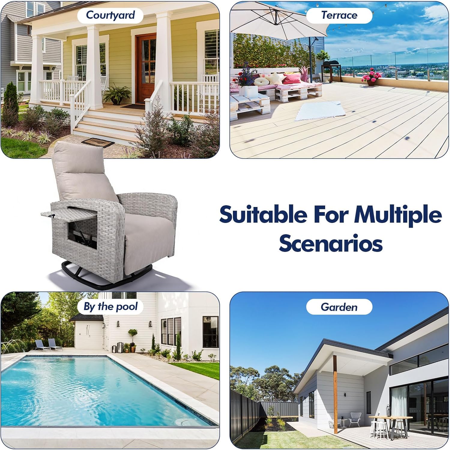 Wicker Patio Recliners with Adjustable Backrest and Extended Foot Rest