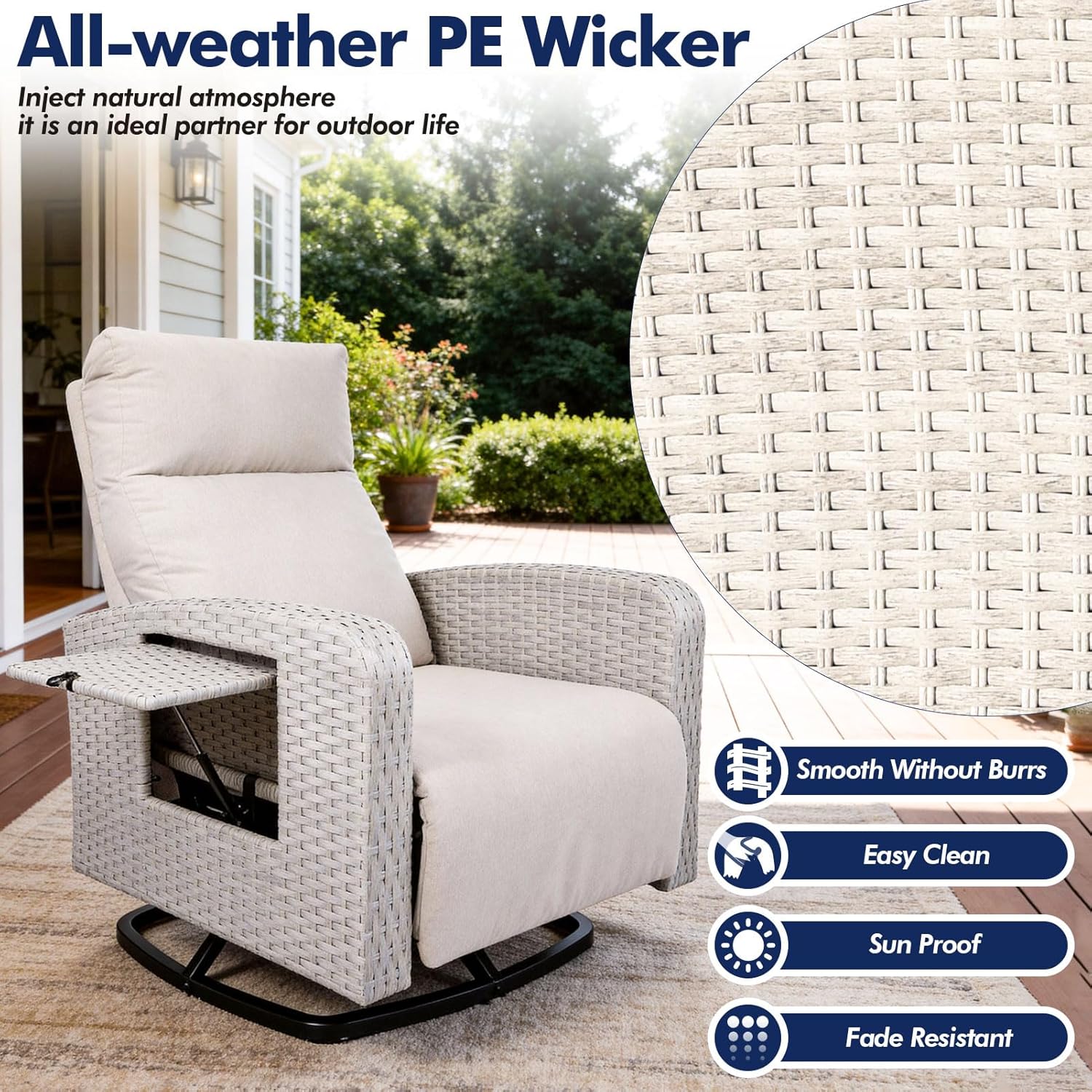 Wicker Patio Recliners with Adjustable Backrest and Extended Foot Rest