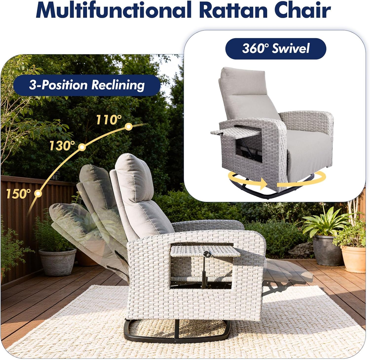 Wicker Patio Recliners with Adjustable Backrest and Extended Foot Rest