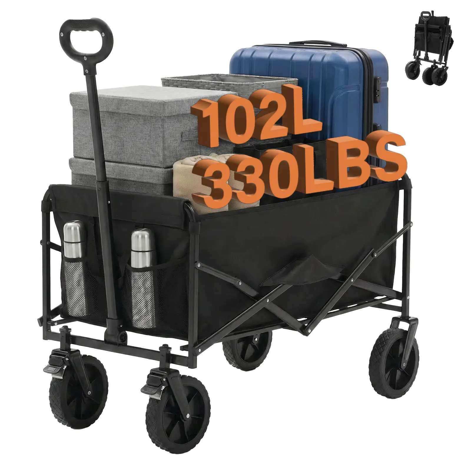 Collapsible Wagon Cart – 102L Heavy Duty, 330 lbs Capacity with Wheels & Flexible Handle for Sports, Grocery, Garden & Camping