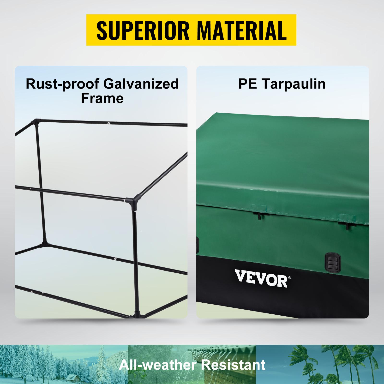VEVOR Outdoor Storage Box, TikTokShopBlackFriday, 100/150/230 Gallon Waterproof PE Tarpaulin Deck Box w/Galvanized Frame, All-Weather Protection & Portable, for Camping, Garden, Poolside, and Yard, Black & Green Organiser