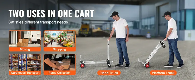 Product Introduction of VEVOR Aluminum Folding Hand Truck, TikTokShopBlackFriday, 2 in 1 Design Max 800 lbs Capacity, Heavy Duty Industrial Collapsible cart, Dolly Cart with Rubber Wheels for Transport and Moving in Warehouse, Supermarket, Garden 6