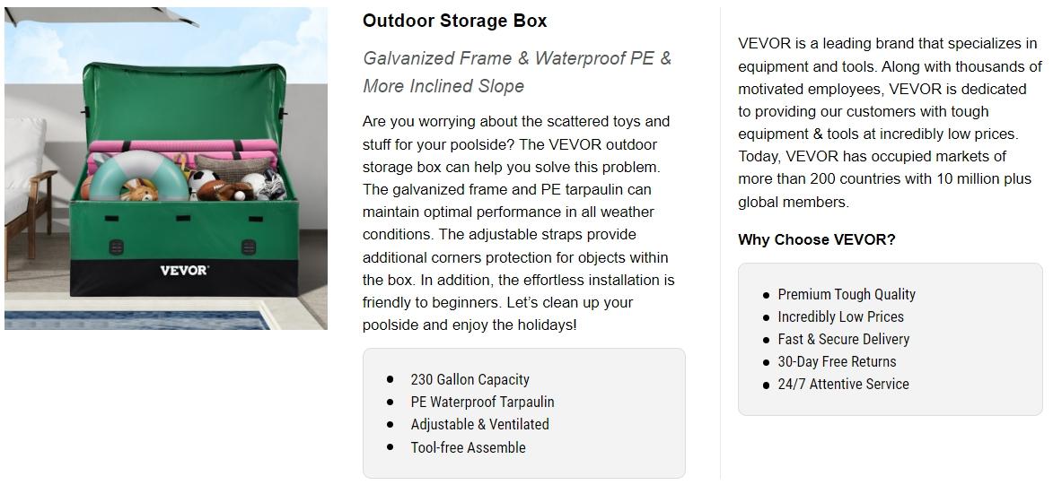 VEVOR Outdoor Storage Box, TikTokShopBlackFriday, 100/150/230 Gallon Waterproof PE Tarpaulin Deck Box w/Galvanized Frame, All-Weather Protection & Portable, for Camping, Garden, Poolside, and Yard, Black & Green Organiser