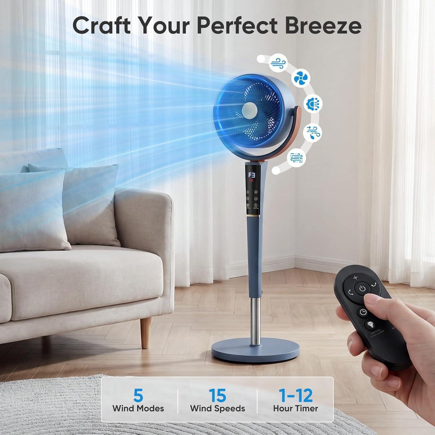 Fan for Bedroom, 1050 CFM Pedestal Standing Fan, Brushless DC Motor, 120&deg; Omni Oscillation, 15 Speeds 5 Modes, Digital Display & Remote, 1-12H Timer, Height Adjustable 37-45 Inch, Quiet Air Circulator for Home Office