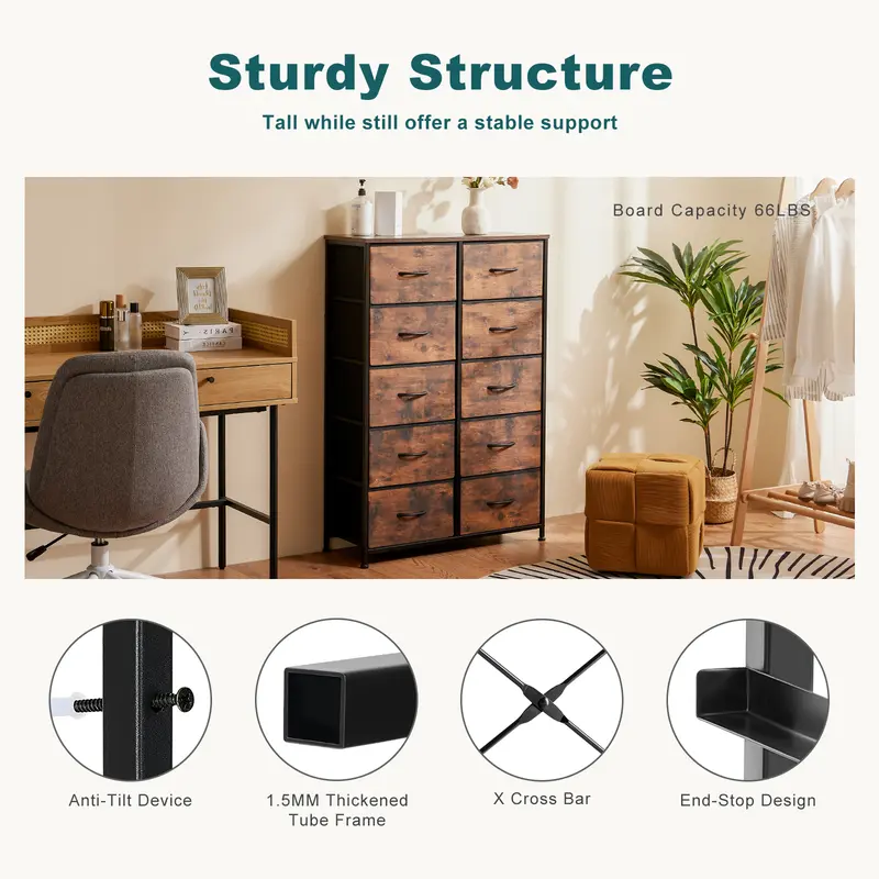 10-Drawer Fabric Storage Tower – Bedroom Organizer with Fabric Bins