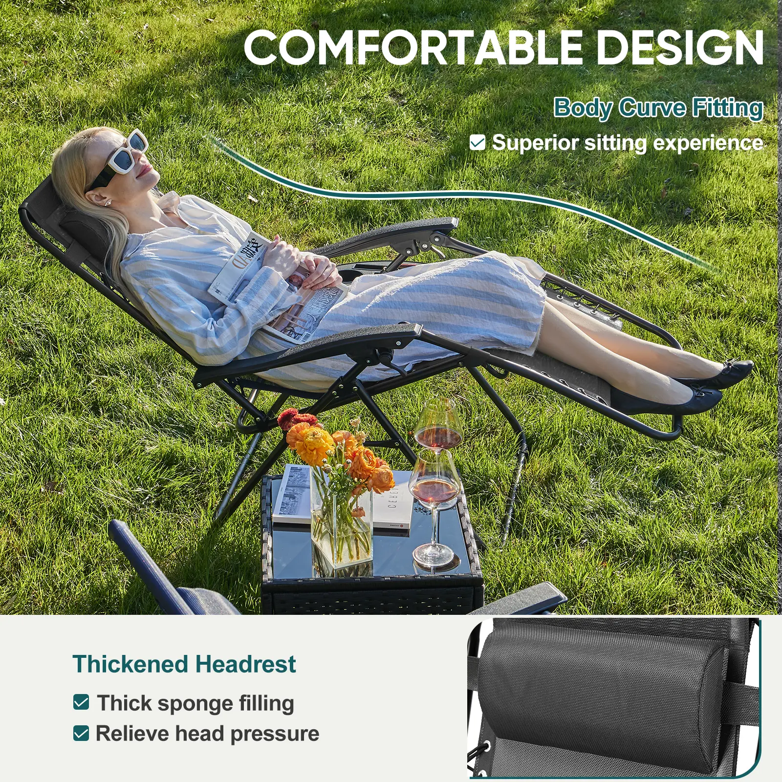 Set of 2 Zero Gravity Folding Lounge Chairs with Cup Holders & Adjustable Pillows