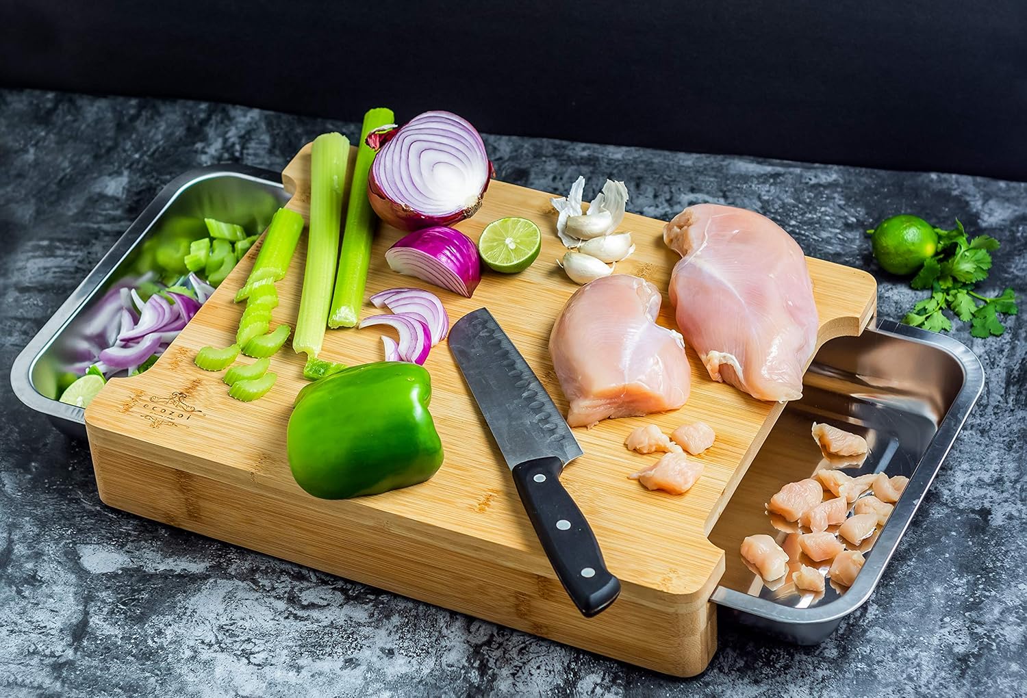 Bamboo Cutting Board with 2 Slide-Out Drawers