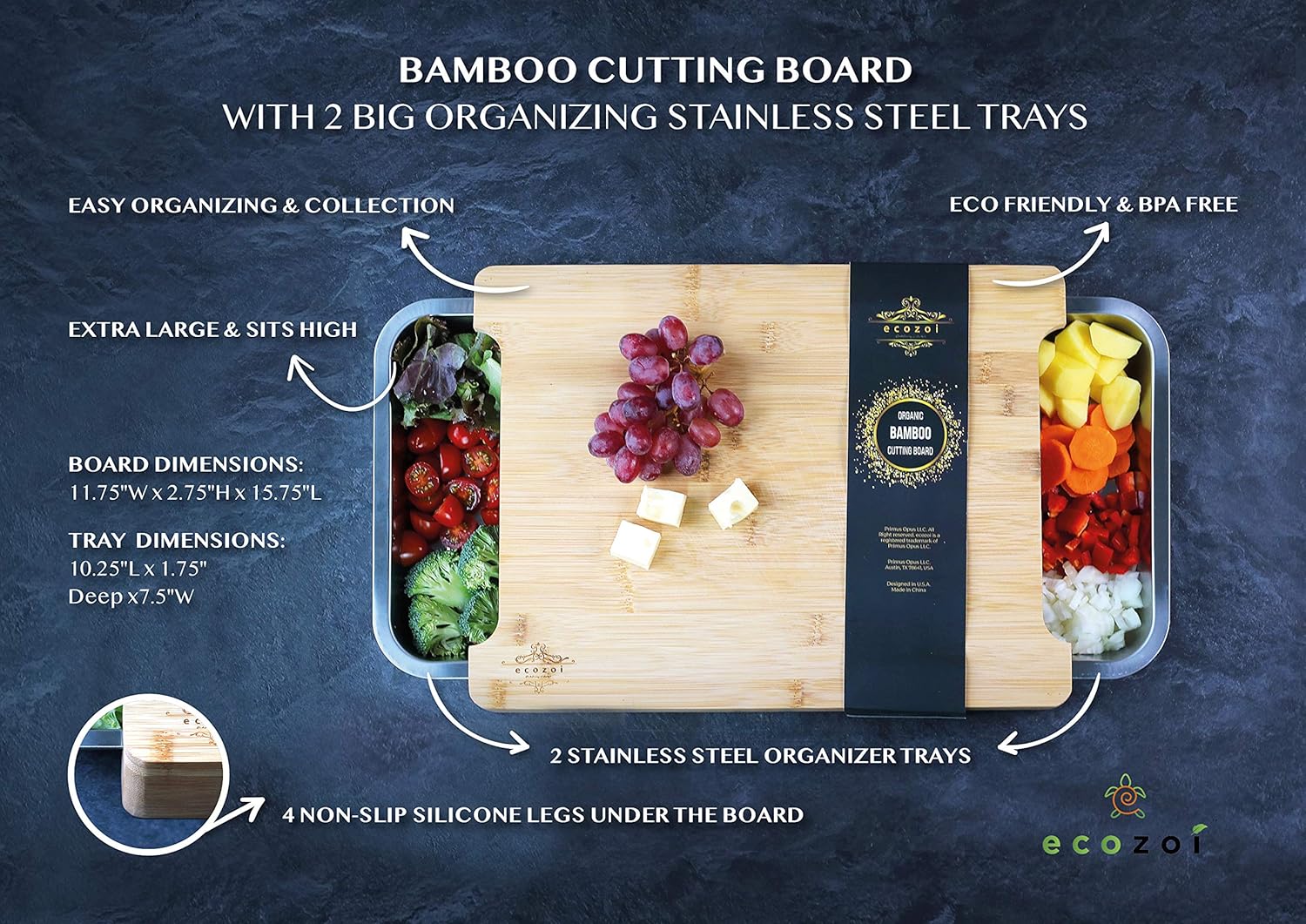 Bamboo Cutting Board with 2 Slide-Out Drawers