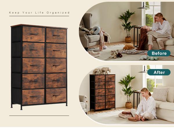 Cupboards Cabinets Dresser - Fabric Storage Tower with 10 Drawers, Bedroom Organizer, Chest of Drawers with Fabric Bins