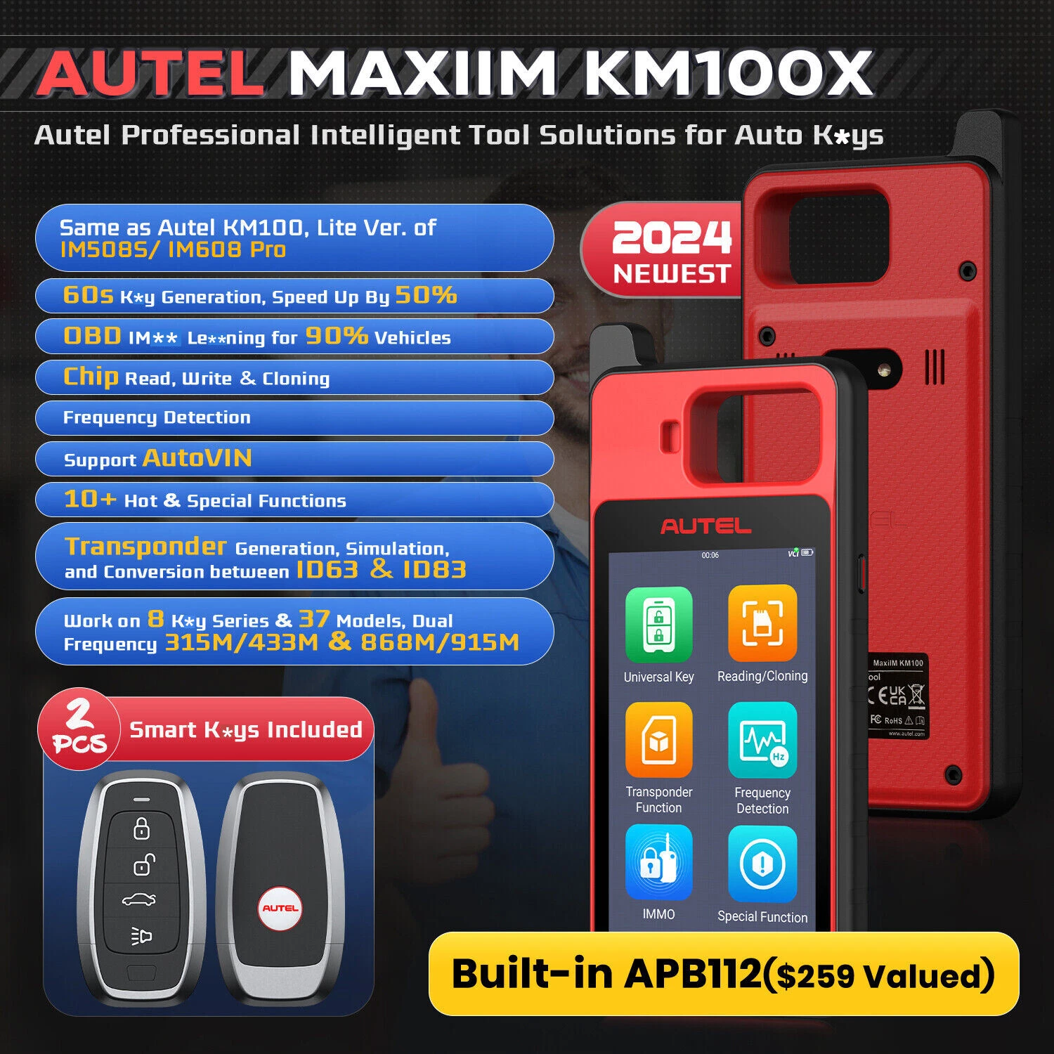 2026 Autel MaxiIM KM100X Key FOB PROGRAMMING Tool 60S Key Generation Immobilizer