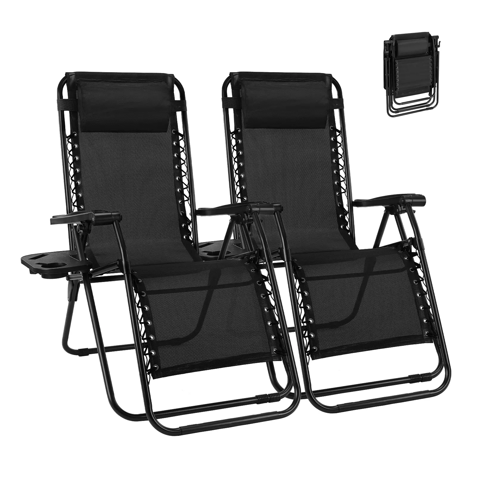 Set of 2 Zero Gravity Folding Lounge Chairs with Cup Holders & Adjustable Pillows