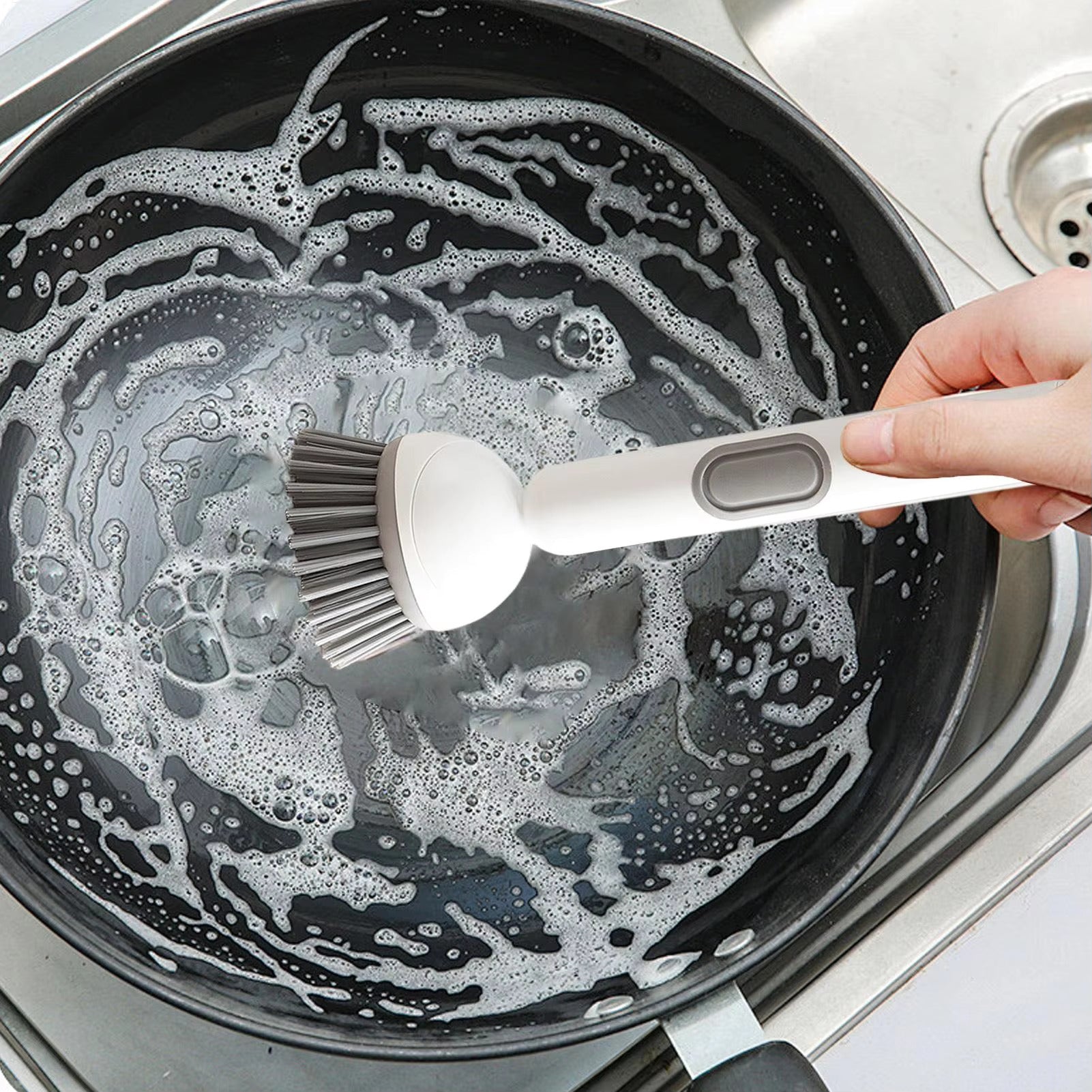 Long-Handled Dish Brush with Soap Dispenser and Rotating Brush Head