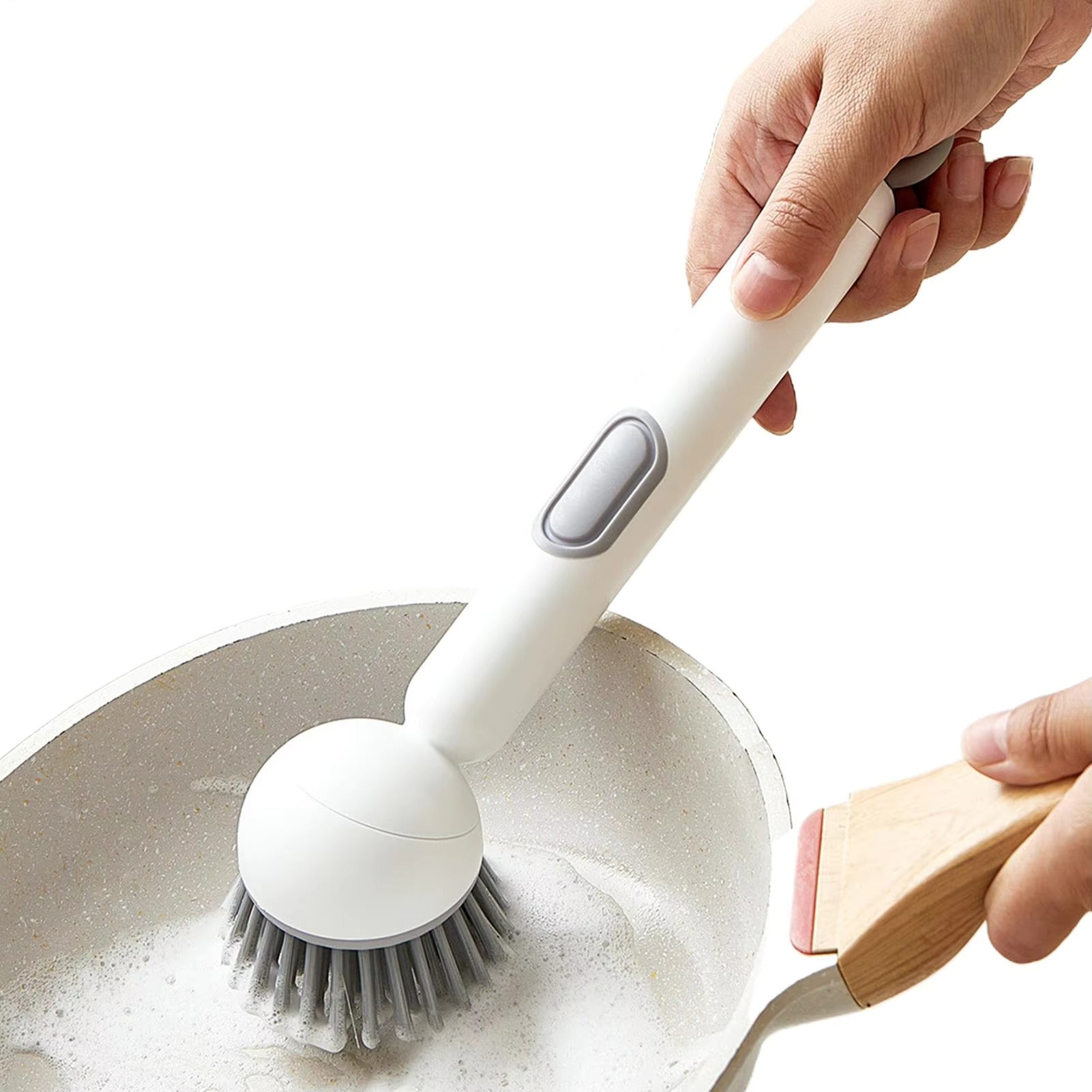 Long-Handled Dish Brush with Soap Dispenser and Rotating Brush Head