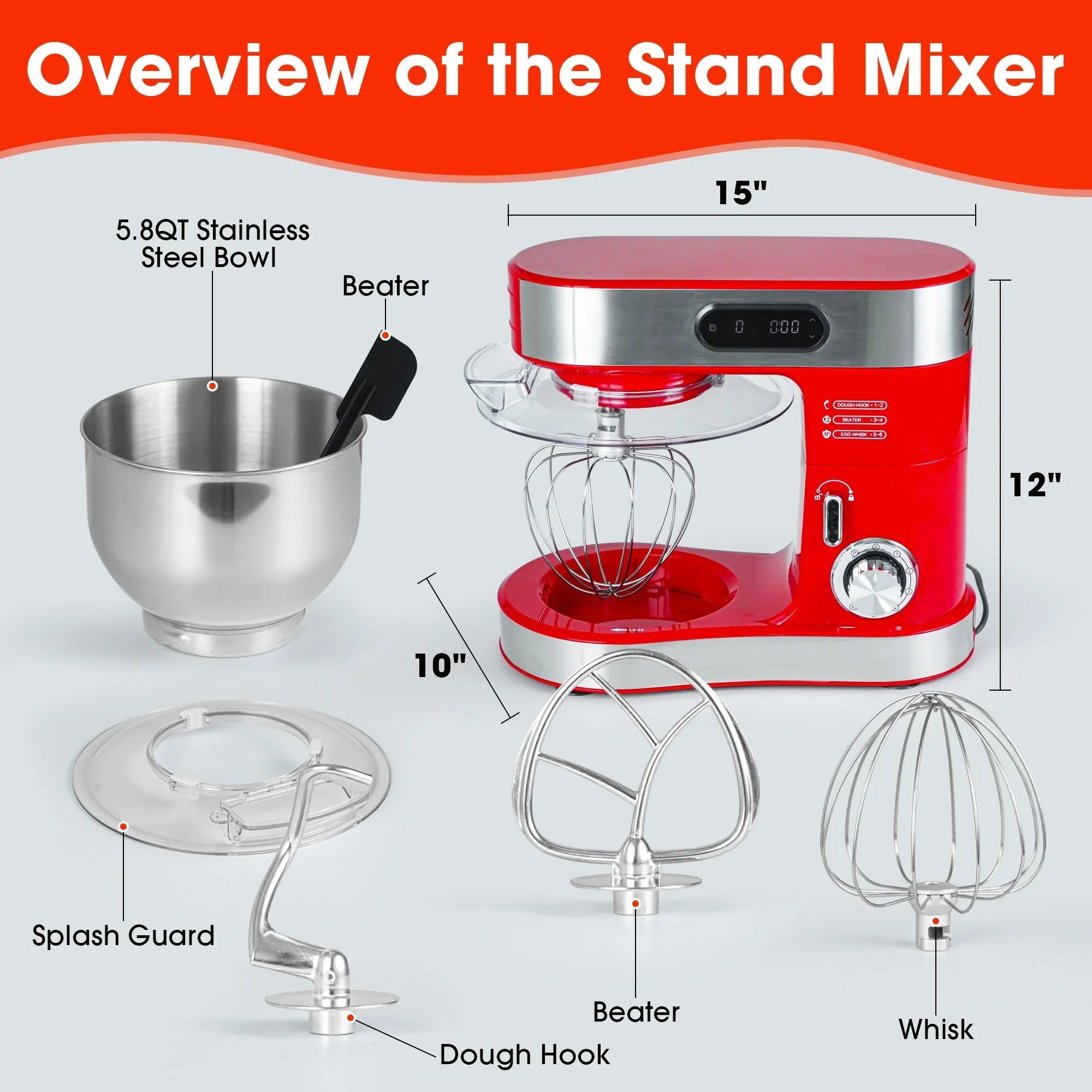 Kitchen Stand Mixer with Mixing Bowl, Dough Hook, Egg Whisk & Mixing Blade