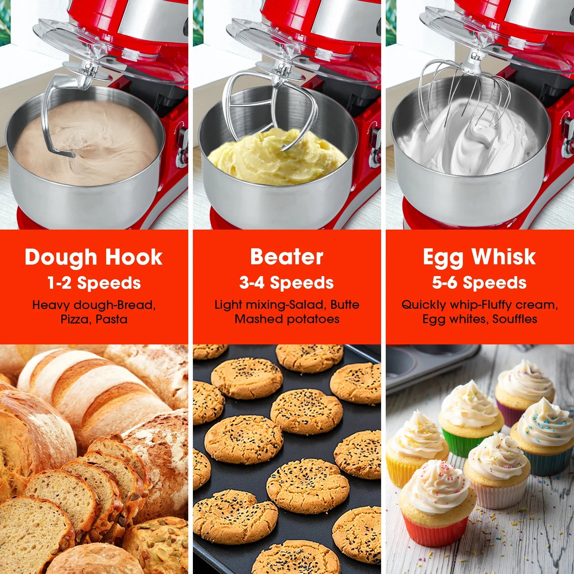 Kitchen Stand Mixer with Mixing Bowl, Dough Hook, Egg Whisk & Mixing Blade