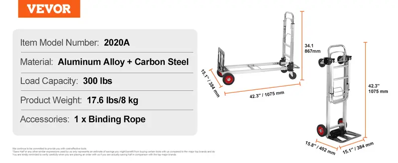 Product Introduction of VEVOR Aluminum Folding Hand Truck, TikTokShopBlackFriday, 2 in 1 Design Max 800 lbs Capacity, Heavy Duty Industrial Collapsible cart, Dolly Cart with Rubber Wheels for Transport and Moving in Warehouse, Supermarket, Garden 10