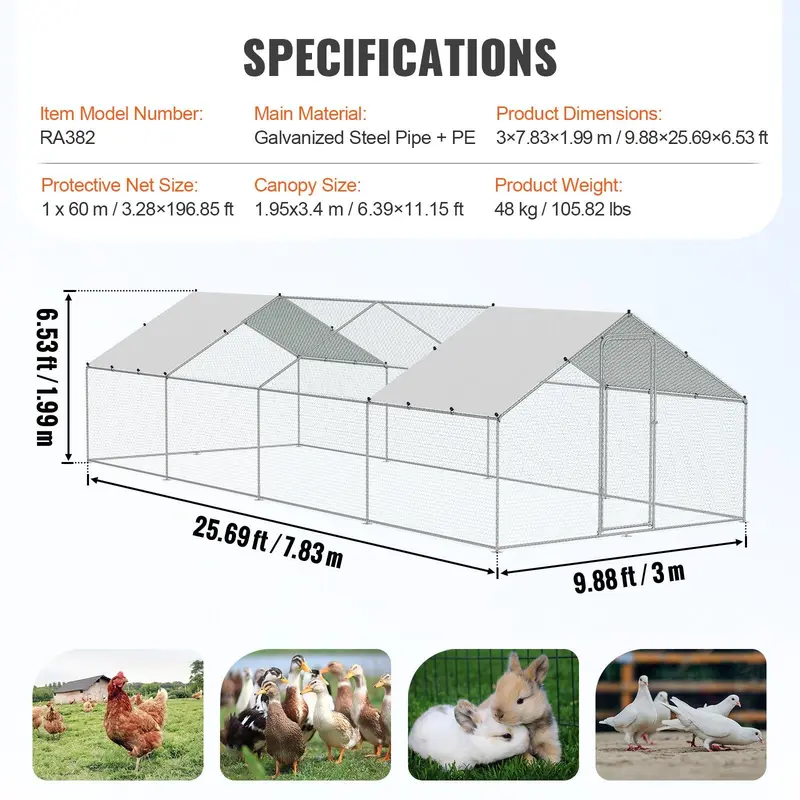 VEVOR Large Metal Chicken Coop, 9.8x12.9x6.6 ft Walk in Chicken Run for Yard with Waterproof Cover, Doom Roof Hen House with Security Lock for Outdoor and Backyard, Farm, Duck Rabbit Cage Poultry Pen