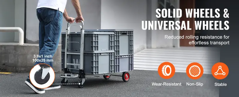 Product Introduction of VEVOR Aluminum Folding Hand Truck, TikTokShopBlackFriday, 2 in 1 Design Max 800 lbs Capacity, Heavy Duty Industrial Collapsible cart, Dolly Cart with Rubber Wheels for Transport and Moving in Warehouse, Supermarket, Garden 2