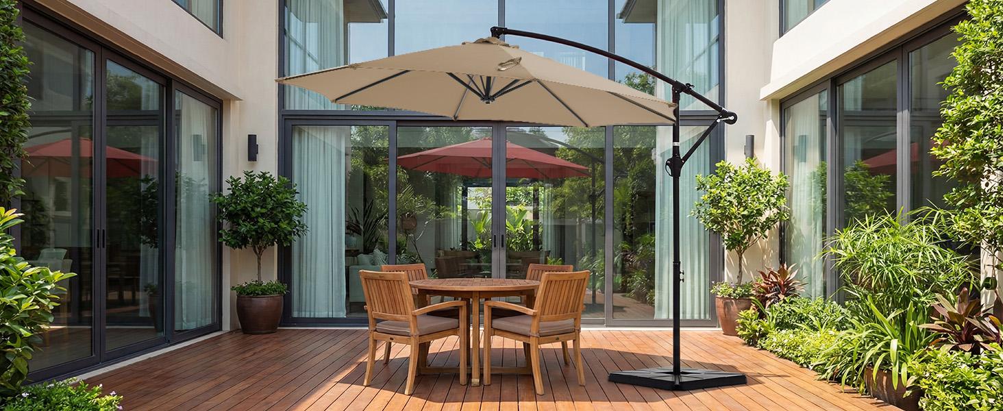 【With Base】10ft Offset Outdoor Patio Umbrella with Base, Easy Tilt & Crank, Adjustable Polyester Shade for Garden, Backyard, Poolside